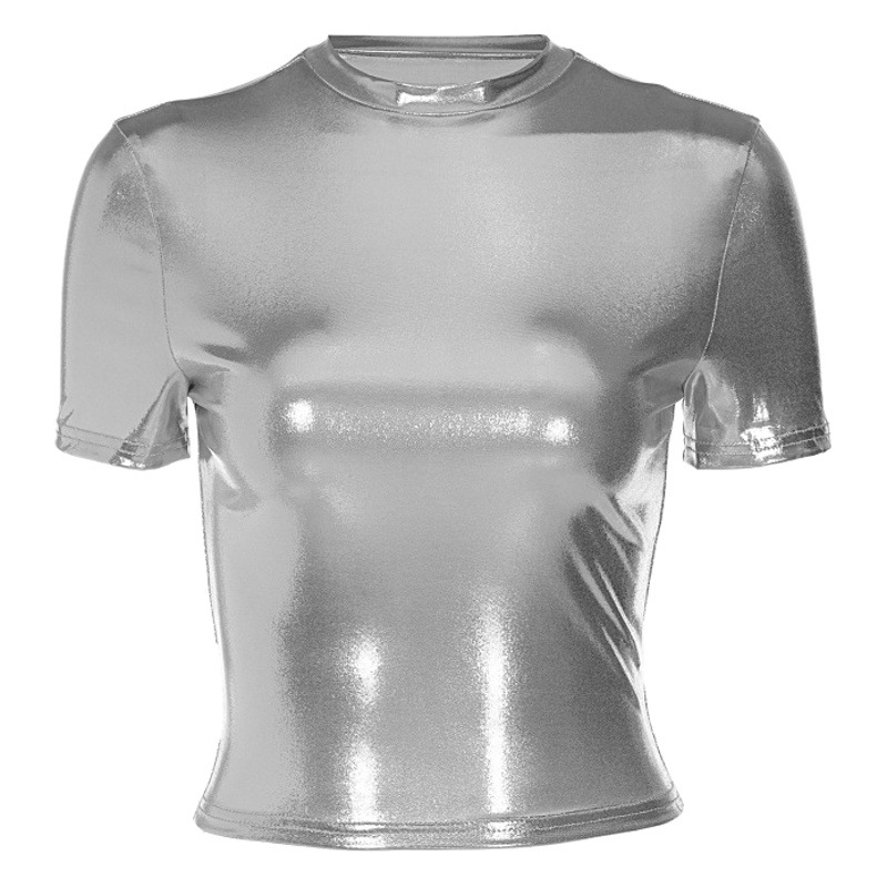 European and American style foreign trade women's clothing 2025 spring new fashion metallic round neck short sleeve tight T-shirt top women's clothing