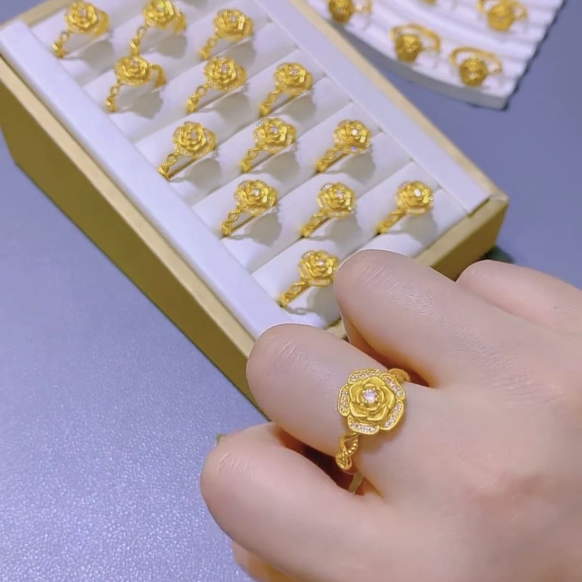 Gold Audrey Rose Ring Women Vietnam Sha Gold Fashion Diamond Rose Flower Opening Finger Ring Bracelet_voghion.com