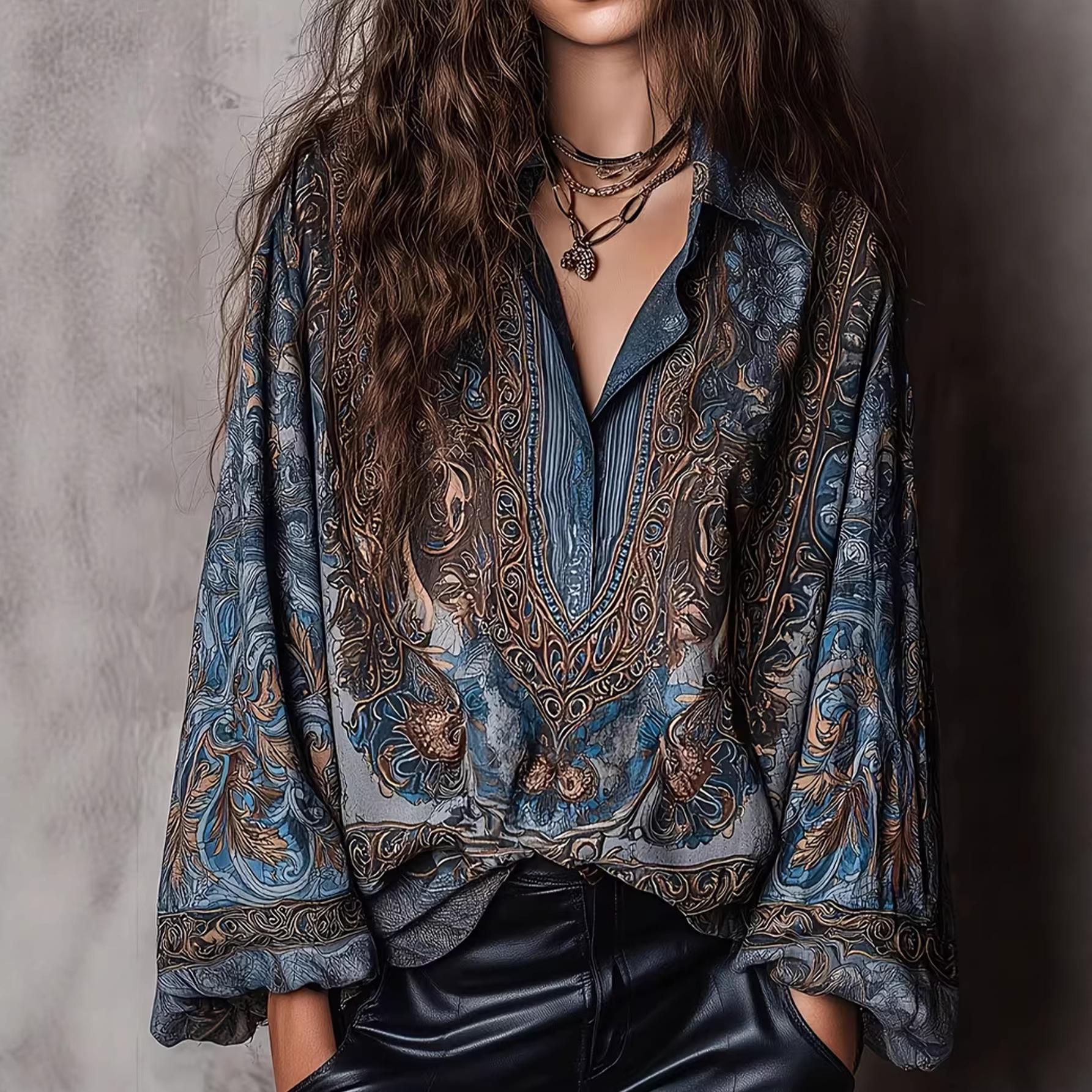 2026 New Cross-Border Foreign Trade Women's Clothing European and American Bohemian Retro Print Loose Long-Sleeve Polo Shirt