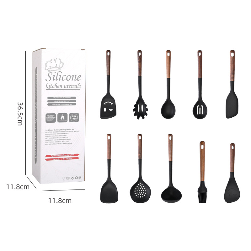 Suministros de cocina cara sonriente mango de madera de estilo europeo sartén antiadherente espátula de silicona conjunto de 10 piezas azul traje de utensilios de cocina resistente a altas temperaturas