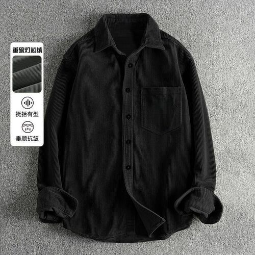 Men's corduroy American shirt spring and autumn loose top long-sleeved retro shirt outside wear large size coat lapel