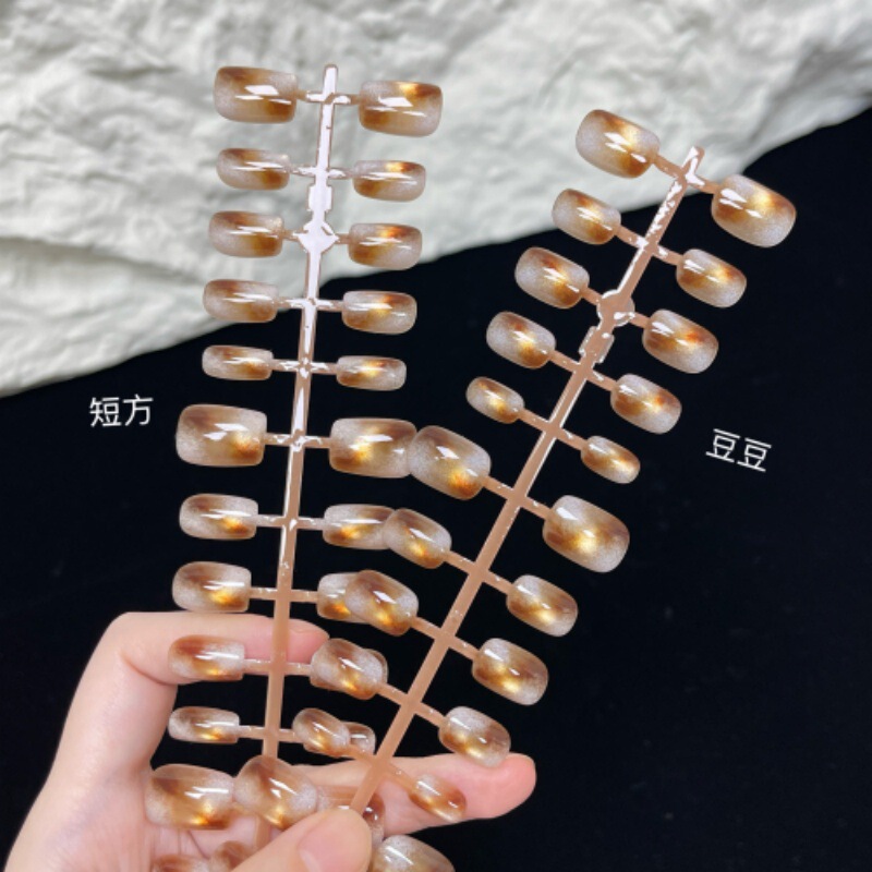 Wearable Short Square-Headed Amber Smudged Nail Patches, Fake Nails, Finished Products, Versatile New Manicure