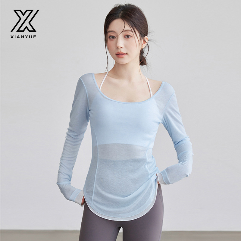 运动罩衫女夏宽松瑜伽服薄纱防晒外套薄款长袖修身运动上衣|undefined