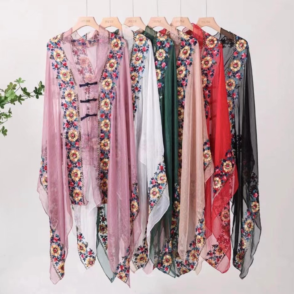 shawl women‘s outdoor ethnic style summer new embroidery organza fashion all-match sun protection clothing sunshade travel cloak