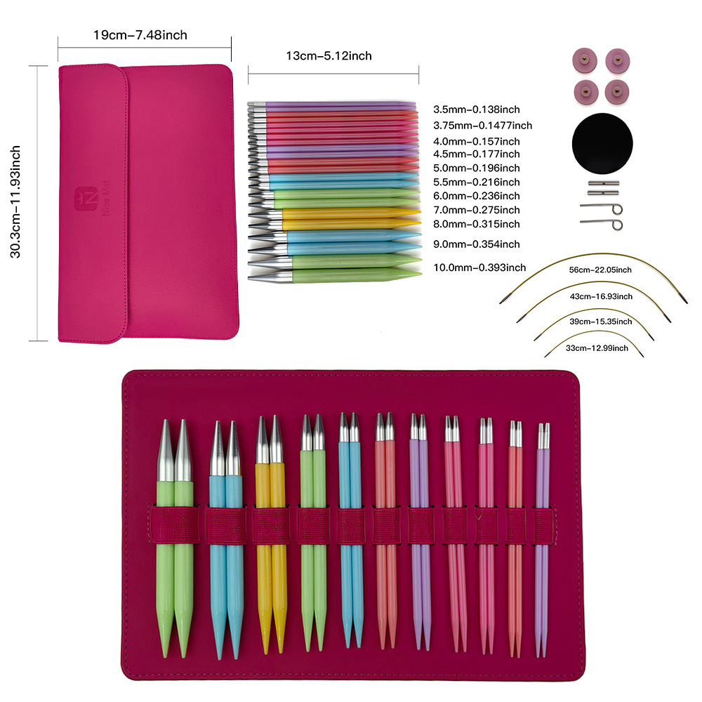 Aguja de suéter transfronteriza, cabeza de aluminio, color de policarbon, cuerda desmontable, aguja en forma de anillo, juego de 11 paquetes, tarjeta de 13CM, paquete de PU