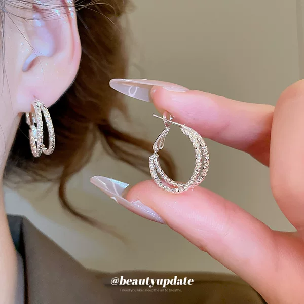 Silver Needle Pleated Double-Layer Round Pendant Earrings, Fashionable, Simple, Cool Style, Elegant Earrings, Niche Design Earrings