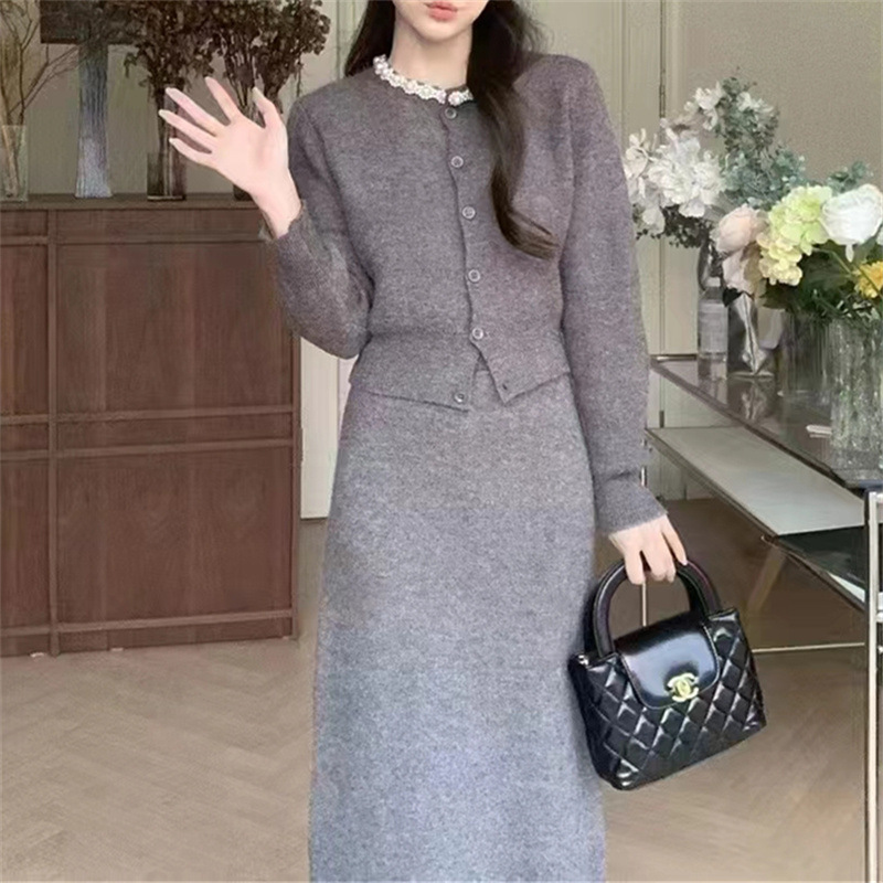 春秋新款长袖毛衣针织开衫重工钉珠温柔套装高腰半身长裙子两件套|undefined
