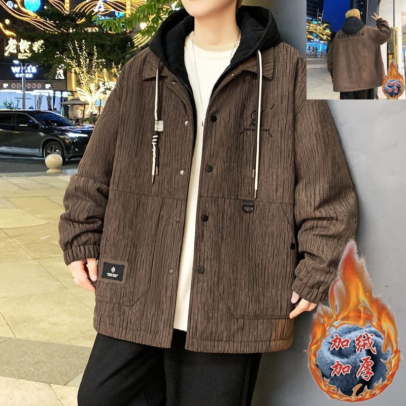 加厚秋冬季韩版加学生连帽男士加厚褂子绒外套假两件青少年夹克男