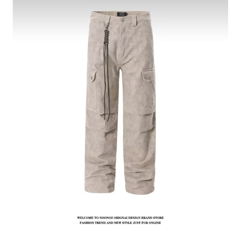 Outdoor Functional Style Solid Color Straight-Leg Jeans For Men Washed Vintage Wrinkled Feel Cargo Pants Design Sense_mkmklike.com