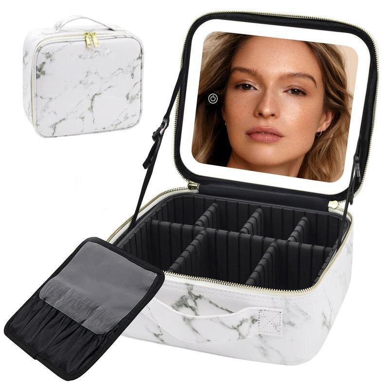 Bolsa de maquillaje de alta calidad con espejo con LED, partición desmontable, bolsa de maquillaje portátil impermeable de almacenamiento de gran capacidad