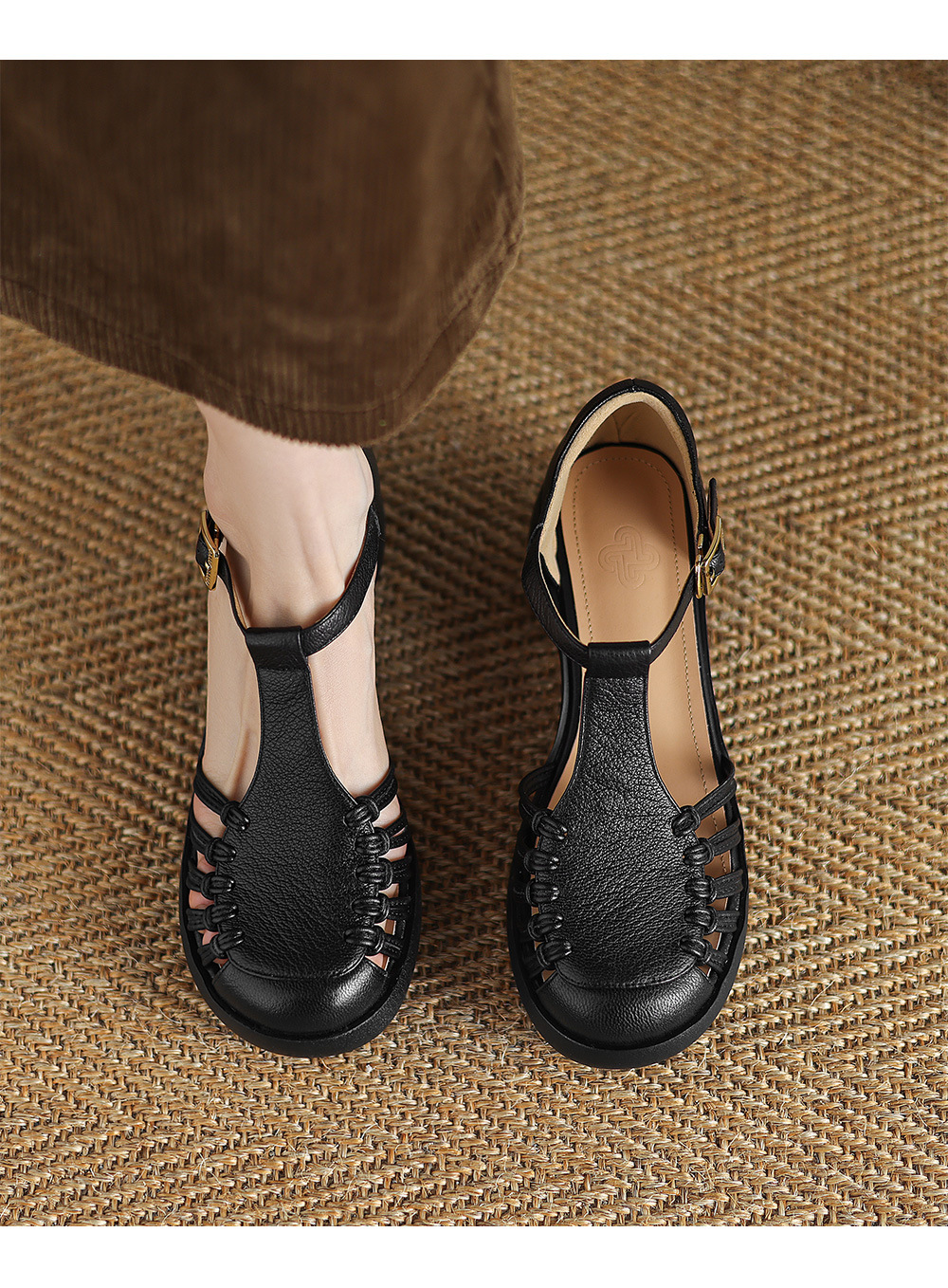 Sandal nữ da cừu mũi bao đế dày quai ngang một chữ kiểu La Mã — đen chi tiết 7