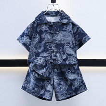 夏季新款男中小童套装中国风唐装腰果雕花个性汉服衬衫短裤两件套