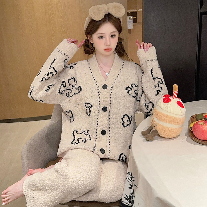 加厚半边绒睡衣女秋冬开衫V领轻奢高级感可外穿甜美软绵绵家居服|undefined
