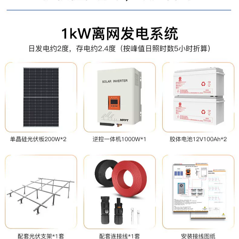 晶标发电机太阳能板供电系统家用储能工频逆控一体机1KW离网220V