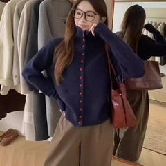 温柔风高领单排扣纯色针织开衫女2025秋冬季新款宽松百搭毛衣上衣