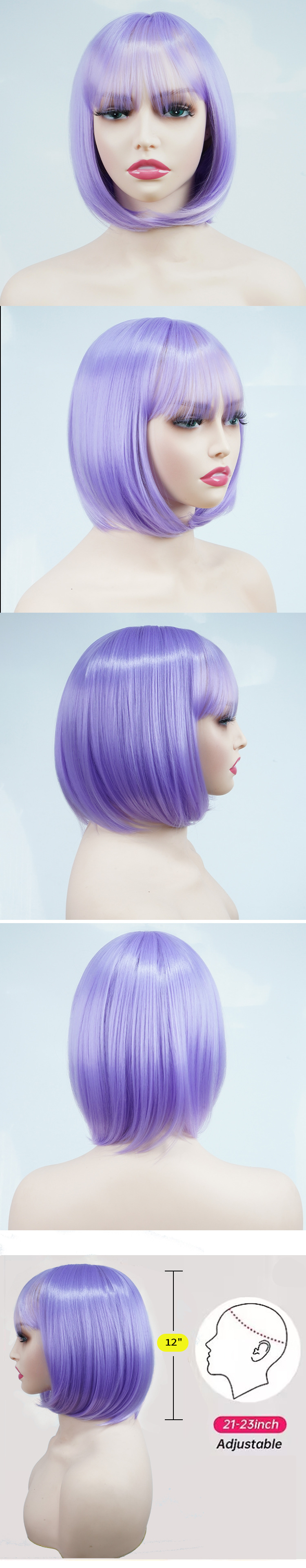 Parrucca all'ingrosso in fibra chimica capelli corti lisci copricapo completo cosplay meccanismo di frangia completa parrucche a onda viola netta rosa_voghion.com