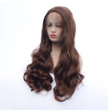 Fibra química de moda frente encaje cubierta de cabello marrón ondulado larga peluca de cabello rizado fabricantes al por mayor LW0136