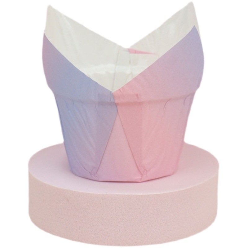 Venta al por mayor Tulip Pink Gradient periódico muffin cake taza de papel resistente a altas temperaturas a prueba de aceite recubierto de encaje muffin titular de papel
