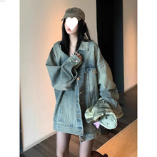 早秋美式复古水洗做旧牛仔外套女中长款宽松秋秋新款夹克上衣