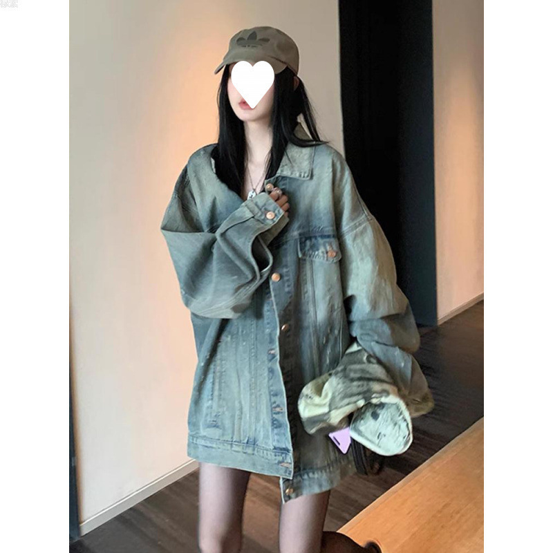 早秋美式复古水洗做旧牛仔外套女中长款宽松秋秋新款夹克上衣