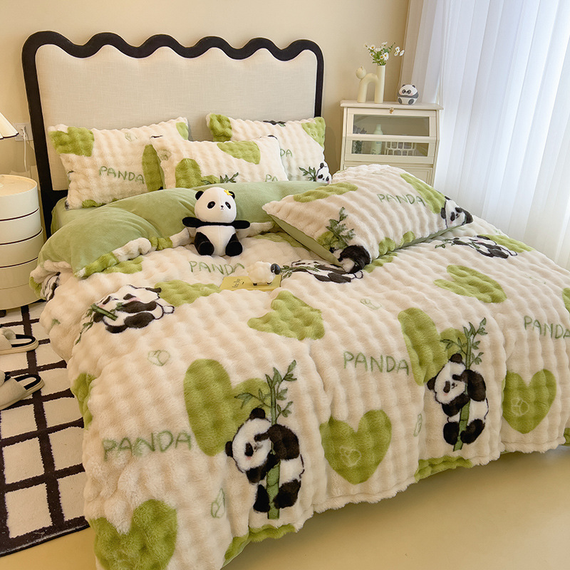 Rabbit plush bed four-piece set thickened milk plush quilt cover bed sheet three-piece set winter bedding_voghion.com