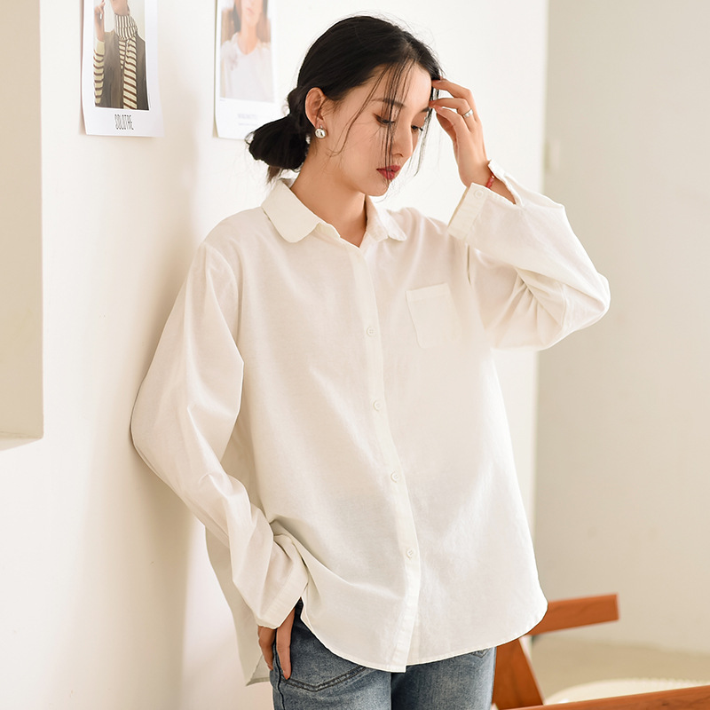 여성복 2023 가을 신상 화이트 셔츠 여성 루즈핏 캐주얼 만능 여성 셔츠 문학적 여성 상의 도매