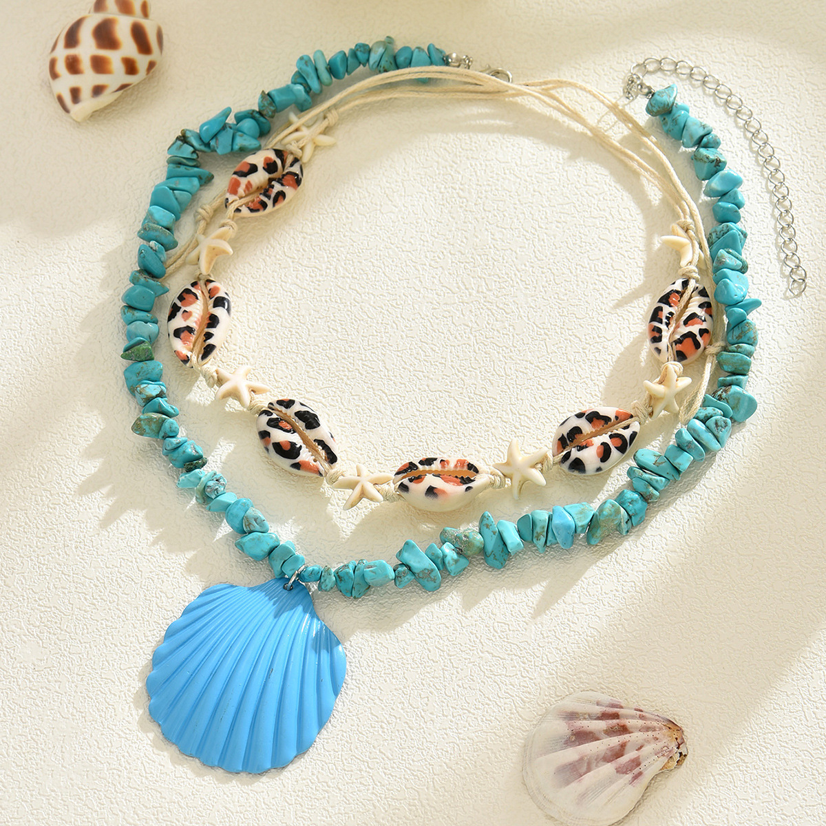 Blue Shell Layered Necklace For Summer Vacation Style_voghion.com