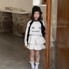 童套装2025春款女宝宝韩版撞色字母两件套儿童宽松休闲百褶半身裙