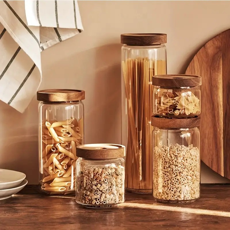 Tanque de almacenamiento de madera de acacia para almacenar alto borosilicato transparente de uso diario con cubierta de cocina de almacenamiento de granos de vidrio sellado de vidrio