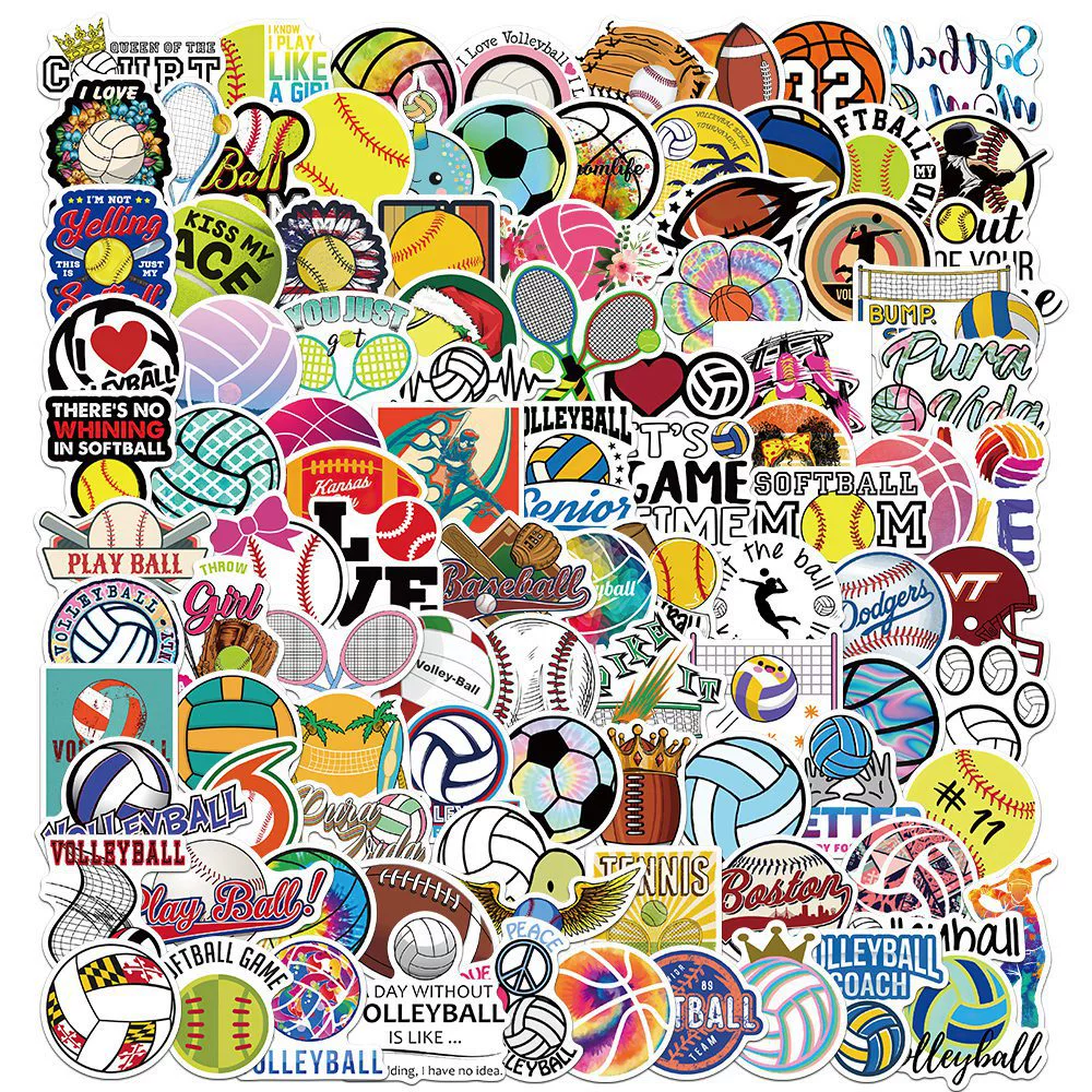 100 штук неповторяющиеся волейбол регби Бейсбол Водонепроницаемый Съемный ПВХ мультяшный мяч граффити багажные наклейки