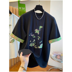 【太った妹】2025新型夏の肩の大きいサイズは色の中国風のハスの花の刺繍の半袖のtシャツの婦人服にぶつかります。