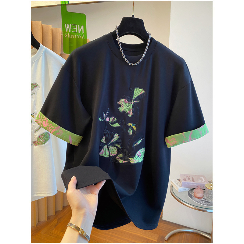 [Fat Sister] 2025 New Summer Shoulder plus size Contrast Color Chinese Style Lotus Embroidery Short Sleeve T-shirt Women's Wear