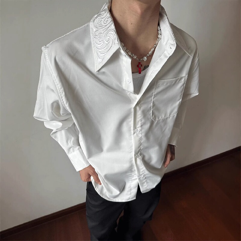 White Cleanfit Embroidered Floral Collar Shirt for Men, Spring Traditional Suit-Cut Shirt, Layered Wear, Inner Layer Base Shirt