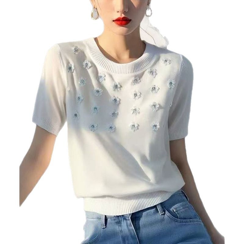 Top de punto de flores tridimensionales blancas primavera y verano para mujer nuevo diseño único y hermoso hombro recto delgado camiseta de manga corta