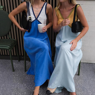 GY25023 fashion V-neck sleeveless color matching copper ammonia wire large pendulum dress spring/summer 2024 new product