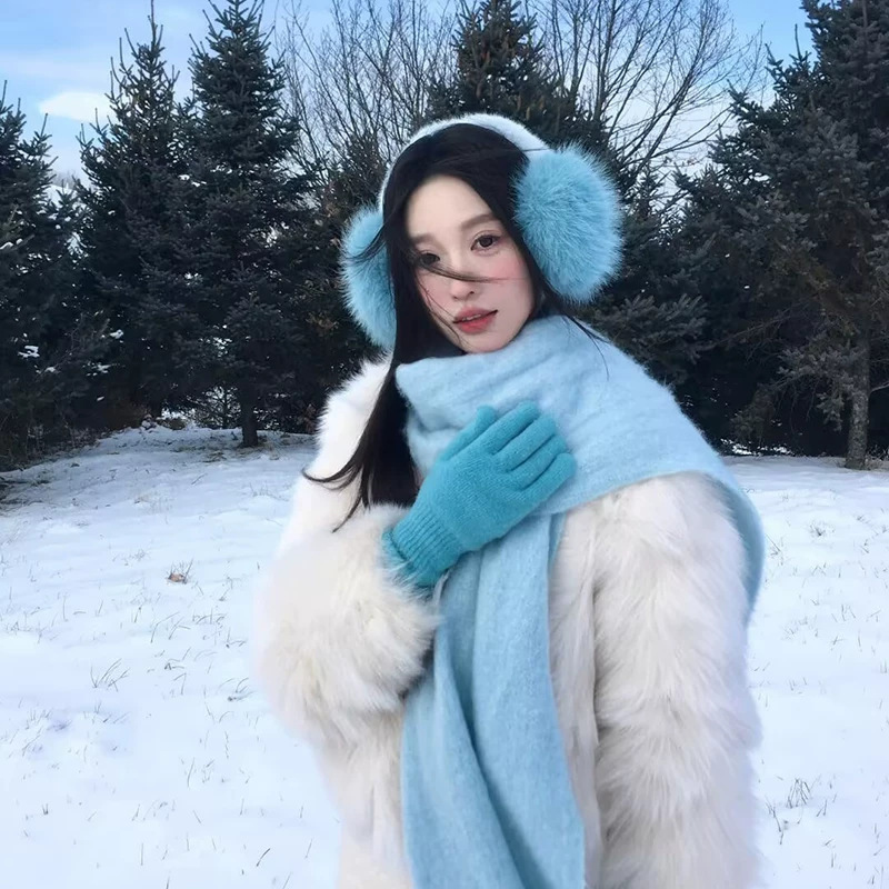Korean-Style Atmospheric Blue Tassel Scarf for Women, Thickened for Winter, Warm and Cold-Resistant, Student Neck Warmer, Versatile Shawl