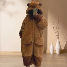 卡皮巴拉情侣睡袍女冬季加绒加厚浴袍卡通睡衣珊瑚绒家居服两件套