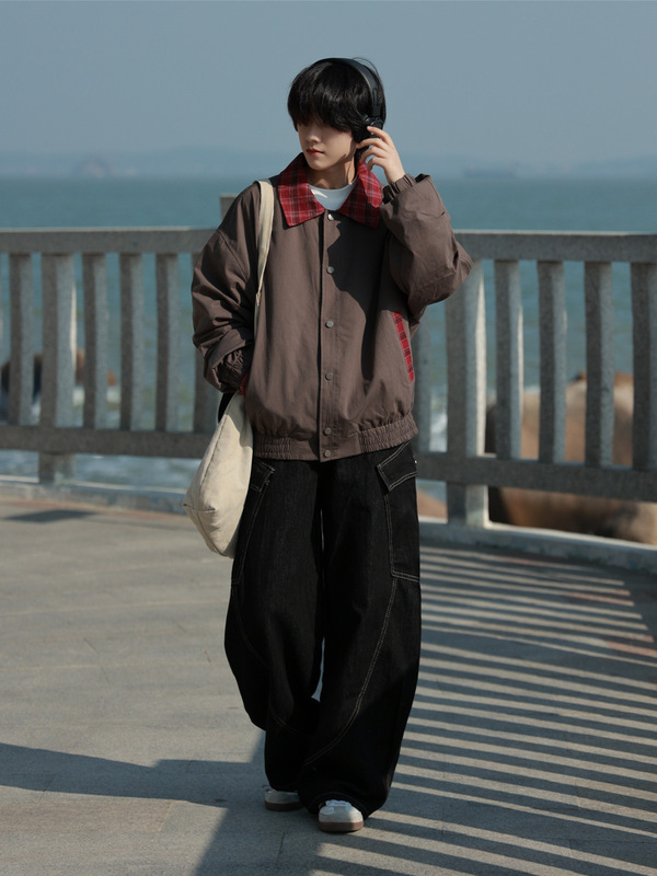 日系复古撞色拼接格子夹克外套男女同款秋冬季宽松休闲拉链衬衫潮|undefined