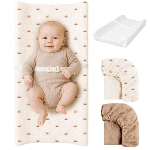 Baby Waterproof Changing Table Mat, Non-Slip, Wipeable Diaper Changing Pad with Safety Belt, Thickened Cotton Gauze Bed Cover