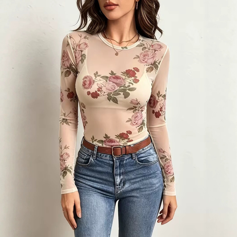 French-style romantic floral mesh long-sleeve women's top, round neck, sheer, lightweight, breathable, versatile for everyday wear