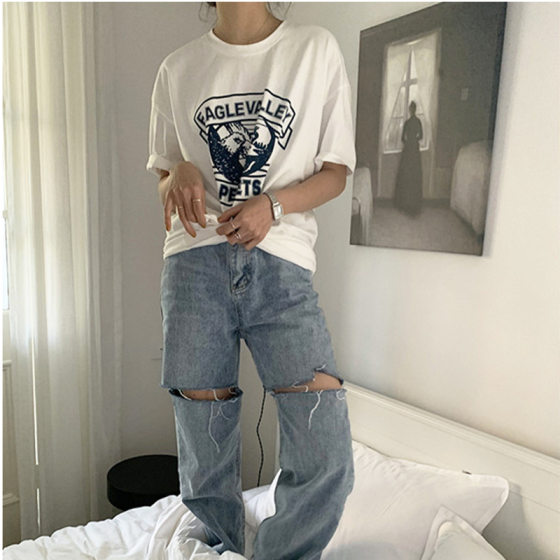 Summer New Pure Cotton Loose Short-sleeved T-shirt Women's Ins American-style Printed Casual All-match Top Base Shirt Women's Trendy