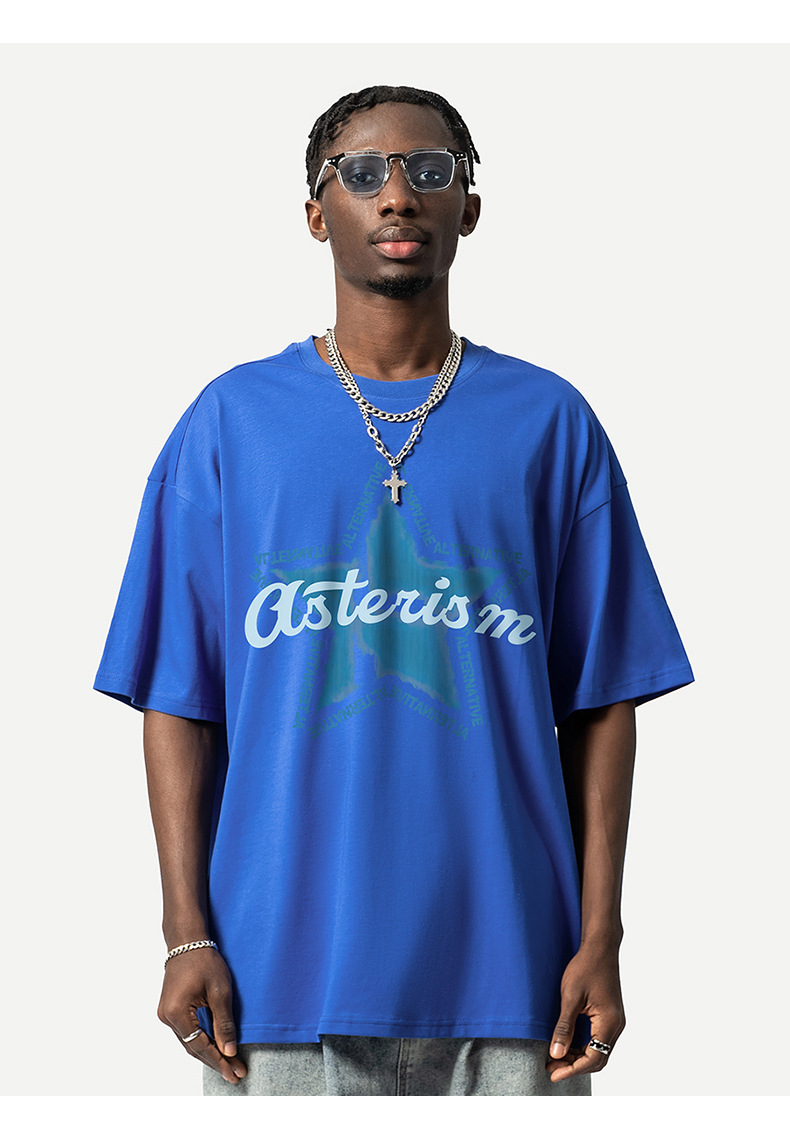 Camiseta masculina de manga curta com estampa de pentagrama China-Chic, tendência de rua, hip-hop, solta, grande, decote pequeno_voghion.com