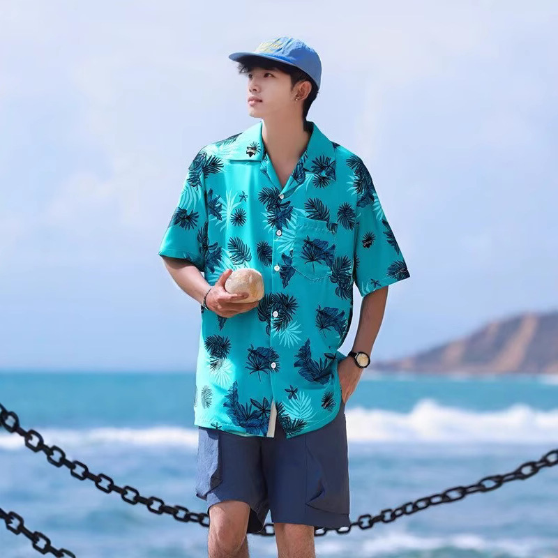 American Retro Sin City Tommy Same Style Shirt Men's Short-Sleeved Loose Cuban Collar Hawaiian Palm Tree Shirt