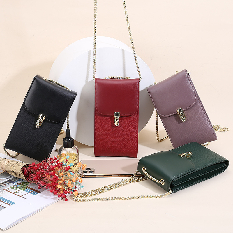 First-layer cowhide bag, versatile women's chain bag with card slot, vertical mobile phone bag, crossbody shoulder bag, genuine leather bag for women