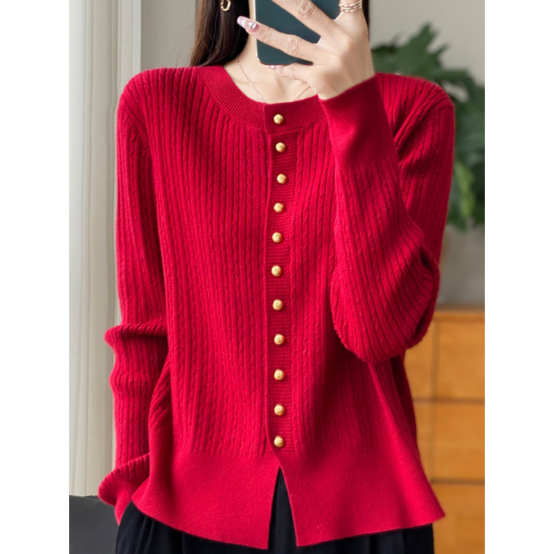 Primavera y otoño de alta calidad invierno nuevo estilo de cuello redondo jersey de punto cardigan suéter de mujer chaqueta suelta flor de nézel con camisa de base