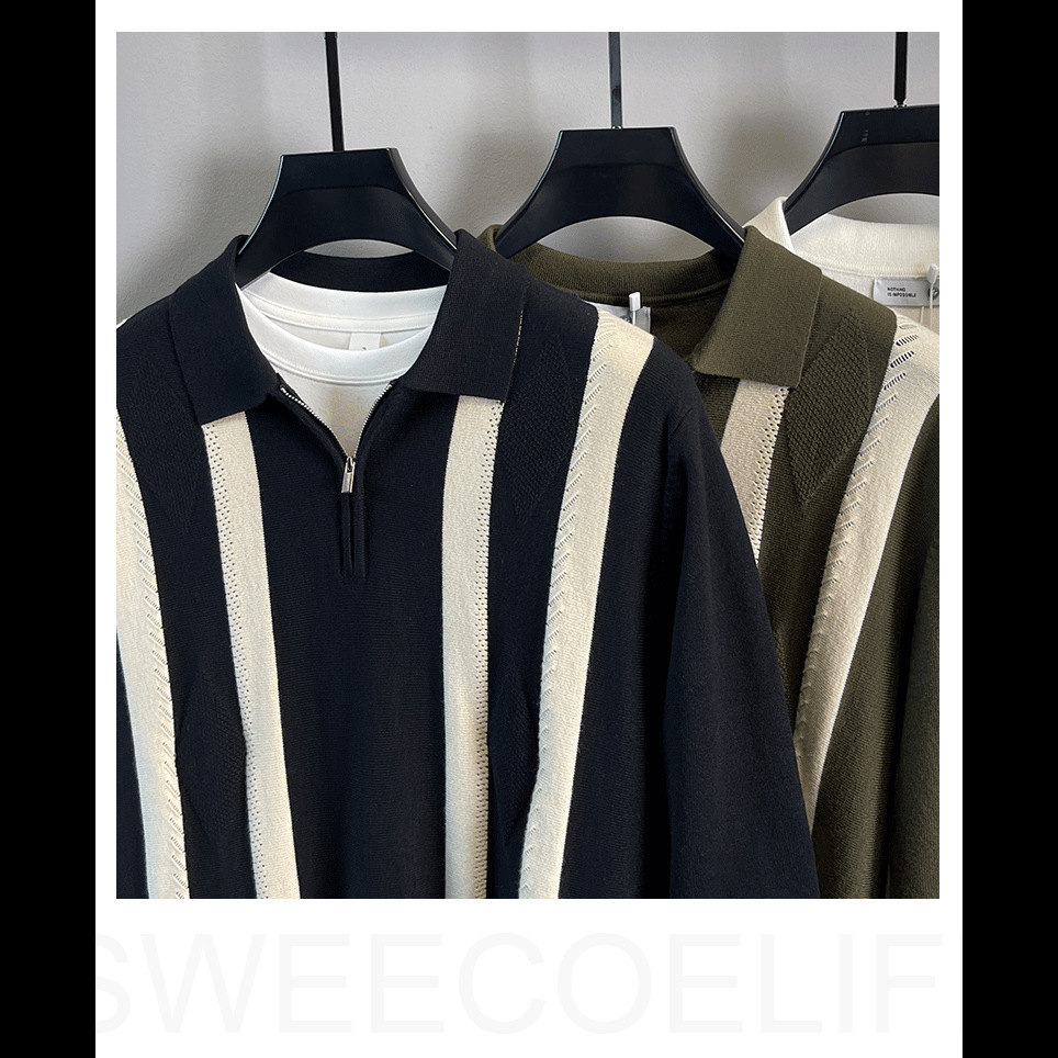 Men’s Half-zip Striped Knitted Polo Shirt Warm Autumn Winter Top_voghion.com