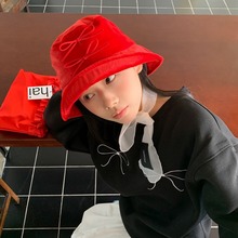 韩国红色旺中蝴蝶结渔夫帽女时尚复古丝绒盆帽新款女小众设计帽子