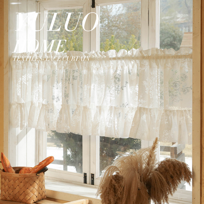 French Country Style Gauze Curtain Short Half Curtain Tulle Girl Lace Kitchen Door Curtain Coffee Curtain Short Curtain