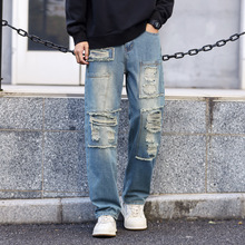 跨进现货复古怀旧青年男潮街头重工破洞刮烂贴补时尚休闲牛仔长裤