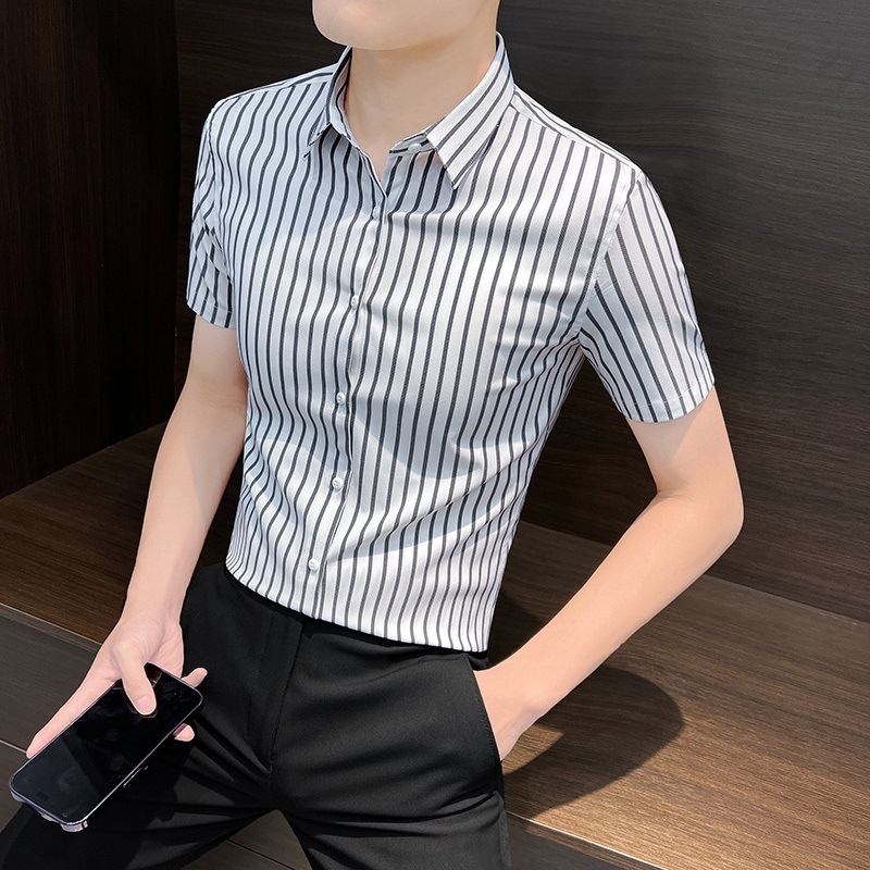 夏薄いハイエンドストライプ半袖アイスシルクシャツメンズ新しいファッショントレンディなブランド紳士服ビジネススリムシャツ|undefined